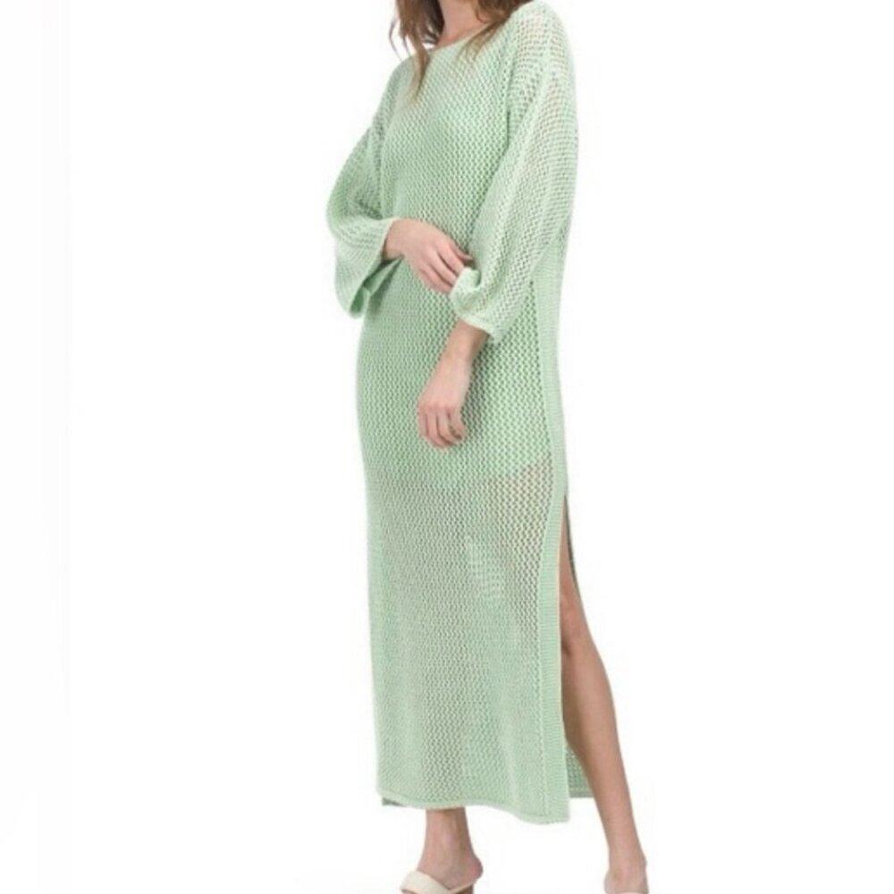 Light Green Long Sleeve Knit Maxi Dress - Elegant Beach Coverup